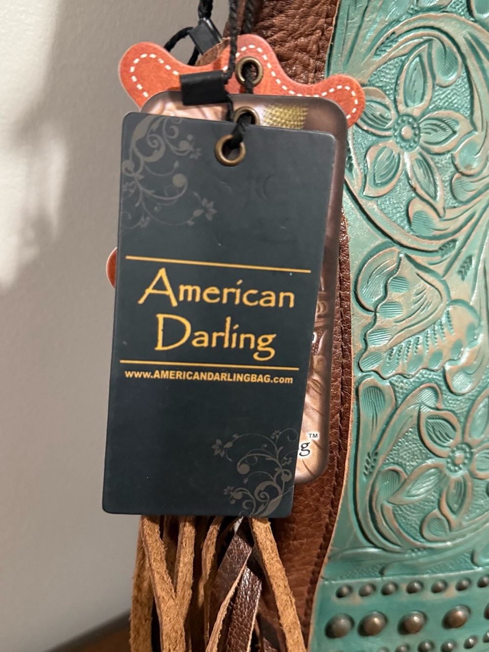 American Darling Turquoise Tooled Leather Fringe Crossbody with Brown Accents - Picture 7 of 15